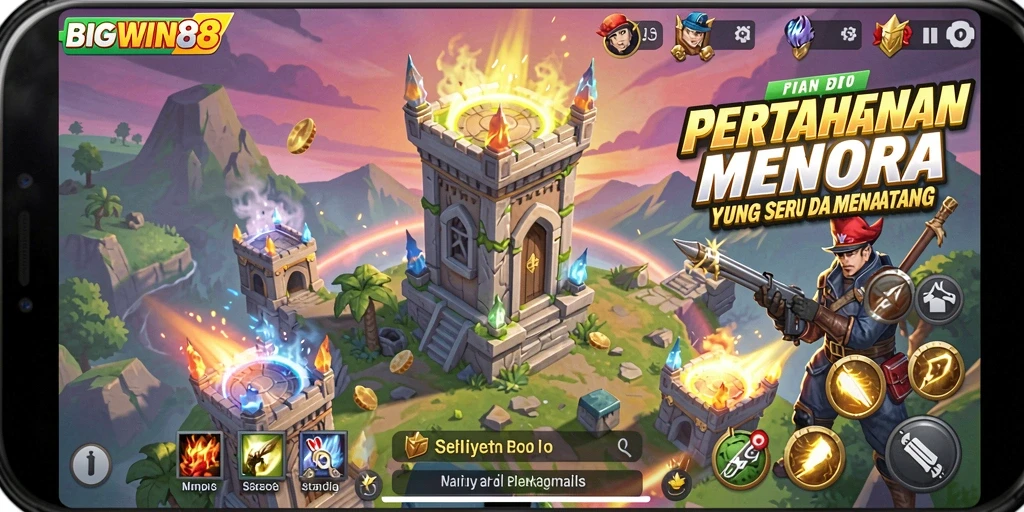 Tampilan gameplay BIGWIN88 dengan berbagai menara dan musuh yang menyerang.