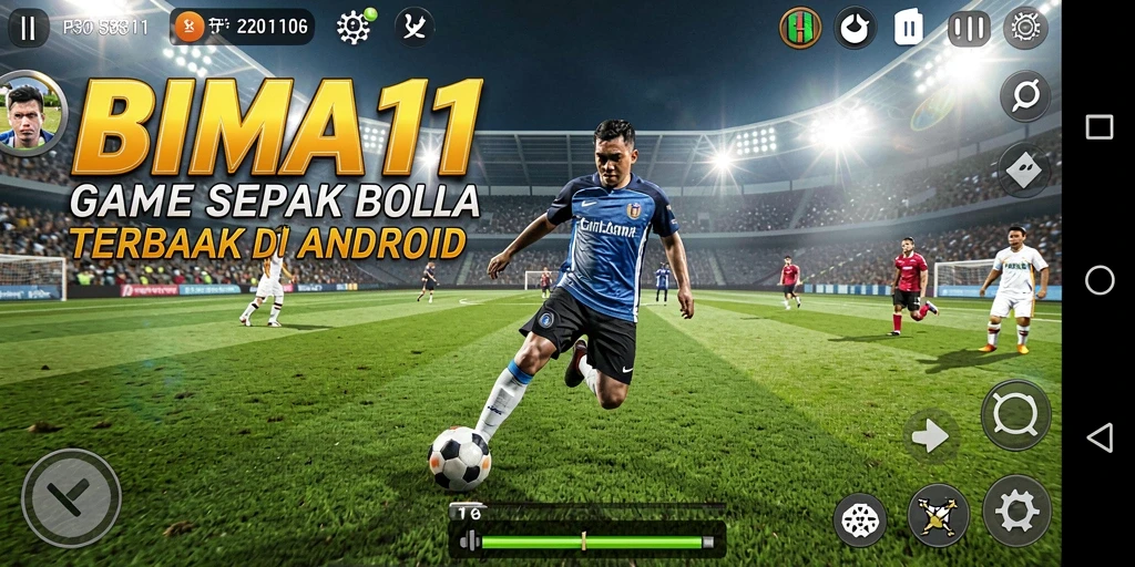 Screenshot gameplay BIMA11 menampilkan aksi seru di lapangan sepak bola.