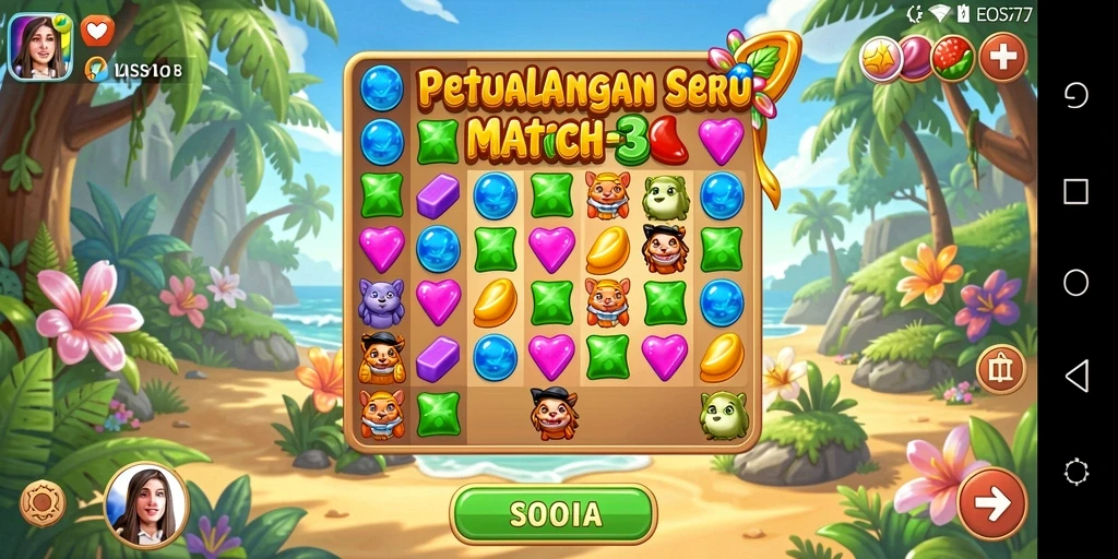 Tampilan gameplay EOS77 dengan tantangan Match-3 yang seru.