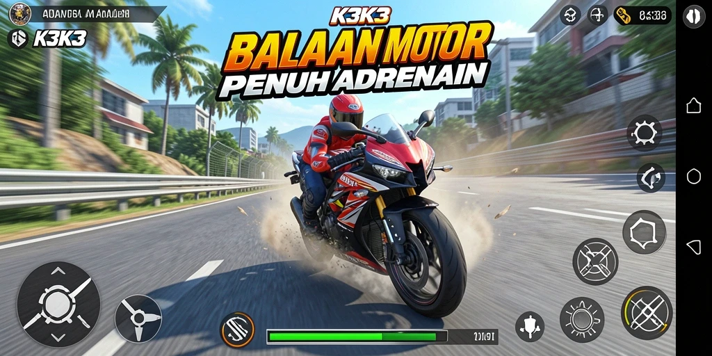 Gameplay seru K3K3 dengan balapan motor yang mendebarkan.