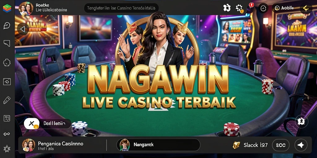 Screenshot NAGAWIN menampilkan dealer langsung dan interaksi permainan kasino.