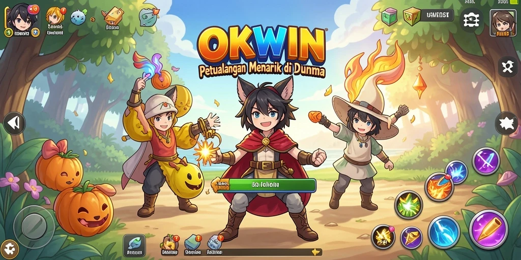 Tampilan gameplay OKWIN yang penuh warna dan energik.