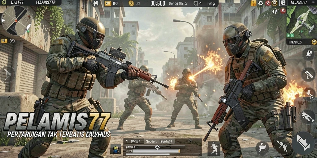 Screenshot dari gameplay intens PELAMIS77 penuh aksi FPS.