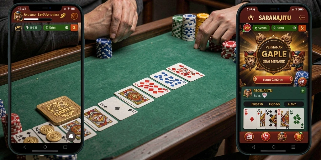 Screenshot gameplay SARANAJITU menampilkan pertandingan Gaple yang mendebarkan.