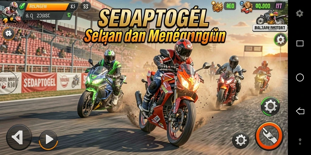 Tampilan seru balapan motor SEDAPTOGEL dengan kendaraan penuh warna.